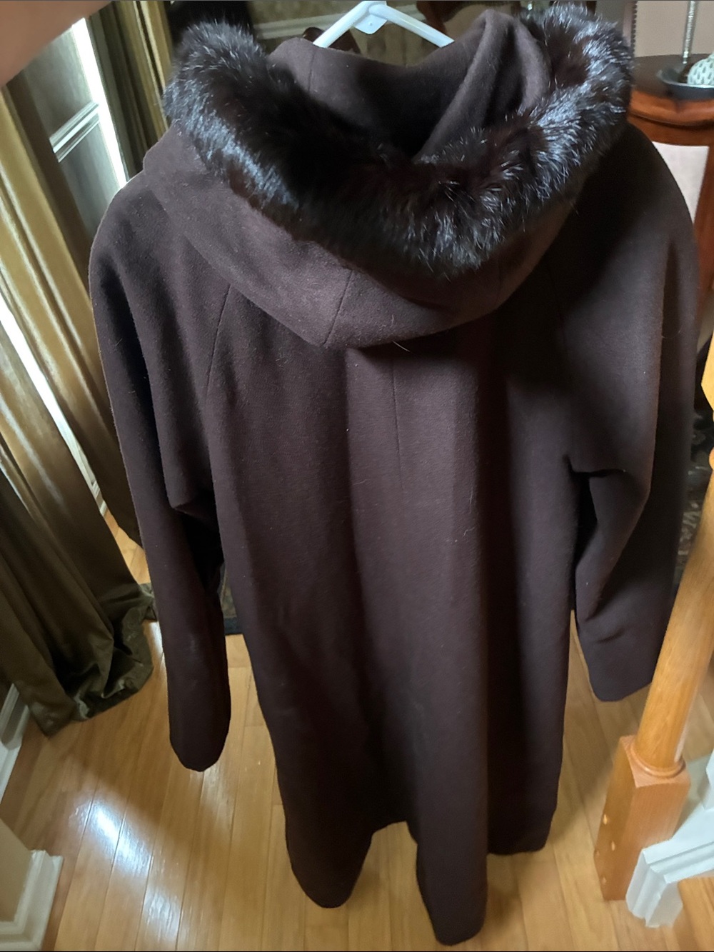 100% Wool Coat with Chocolate Brown 100% Genuine Rabbit Fur Hood Trim - Picture 4 of 4